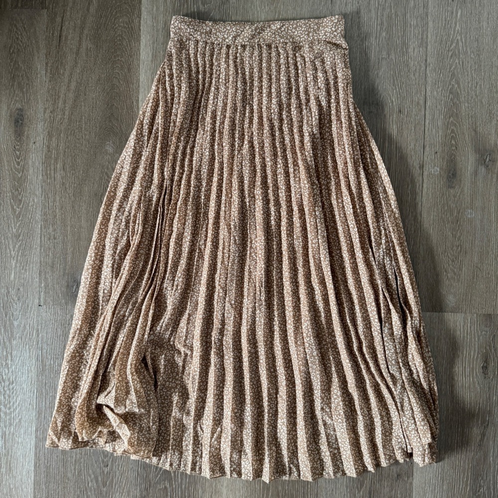 Japna Pleated Midi Skirt Women XS Tan Animal Print Elastic Waist Flowy 0182